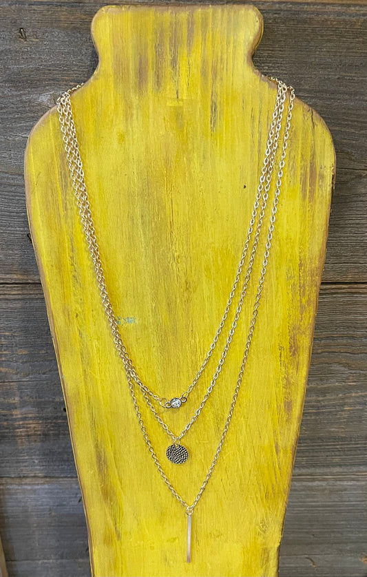 Gold bar/disc/crystal 3 layer necklace