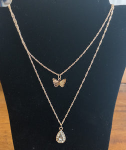 Gold crystal butterfly drop layered necklace