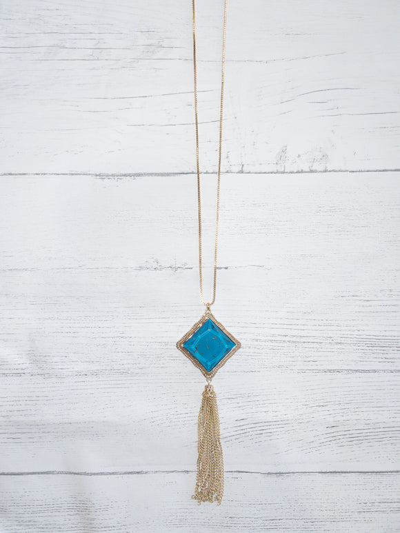 Blue rhombus tassel long necklace